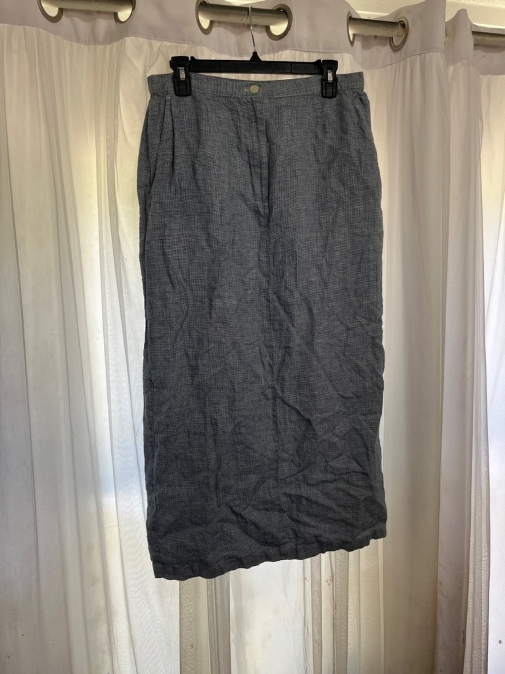 Talbots black gingham Midi 100% Linen Skirt cottage boho natural fiber size 12